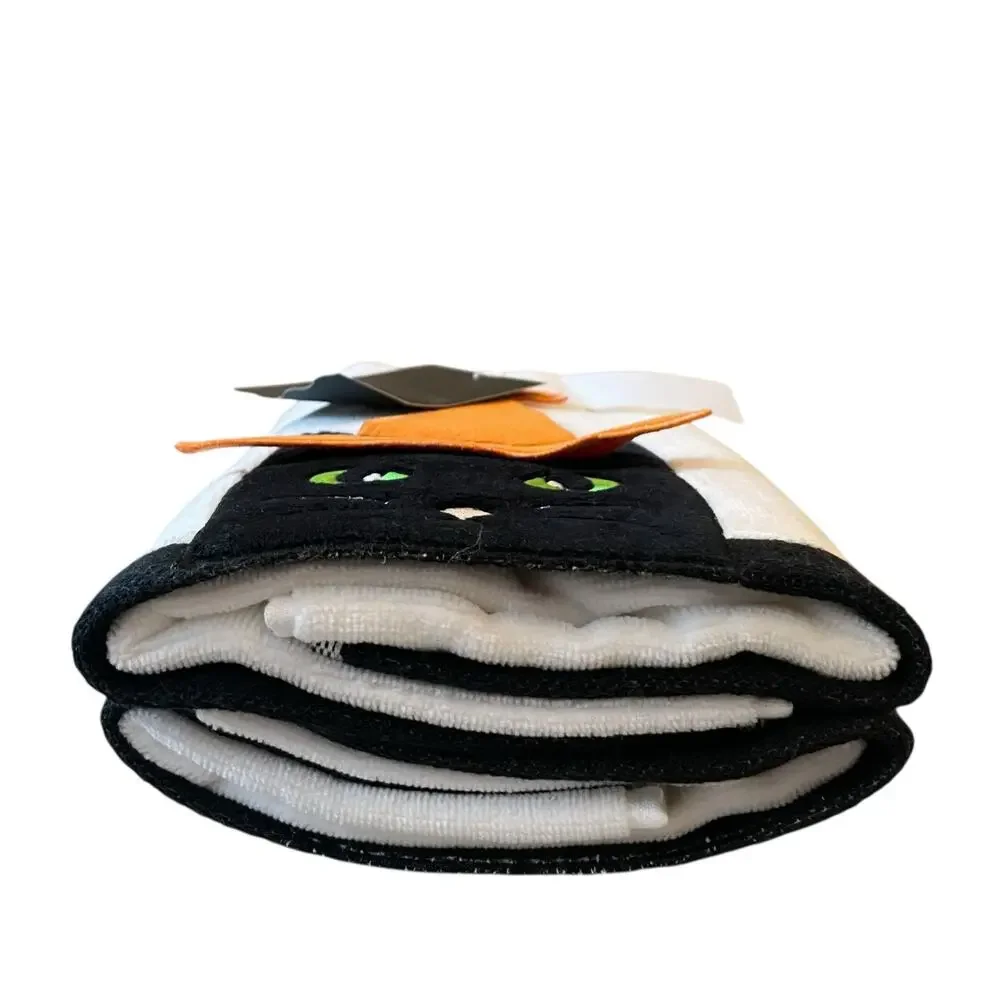 Kassadecor Halloween Witch Cat Hand Towels 18x28 Plush Black & White Set of 2